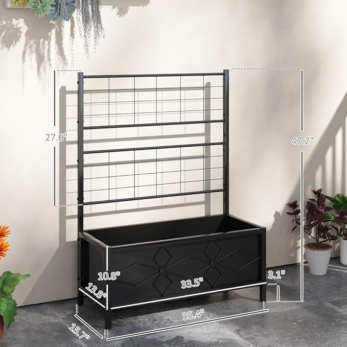 Galvanized Steel Raised Garden Bed with Trellis Support for Climbing Plants – Durable Outdoor Planter Box for Vegetables and Flowers (Black + Steel)