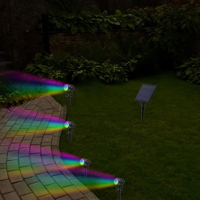 T-SUNUS 3W Solar Spotlights IP65 Waterproof Outdoor Solar Lights Landscape Lighting Wall Light Auto On/Off with 4 RGB Spot Lamp for TreePatio Yard Garden