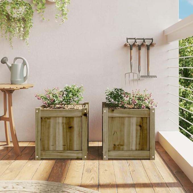 Garden Planter Set of 2 Natural Pine Solid Wood Square Outdoor Planters 15.7x15.7x15.7 in Rustic Raised Garden Bed for Patio Balcony Flowers