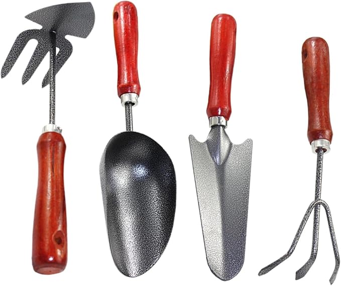 4pcs Mini Garden Tool Set with Small Shovel Narrow Trowel Three-Prong Rake and Dual-use Hoe for Planting and Digging in Pots and Garden Beds