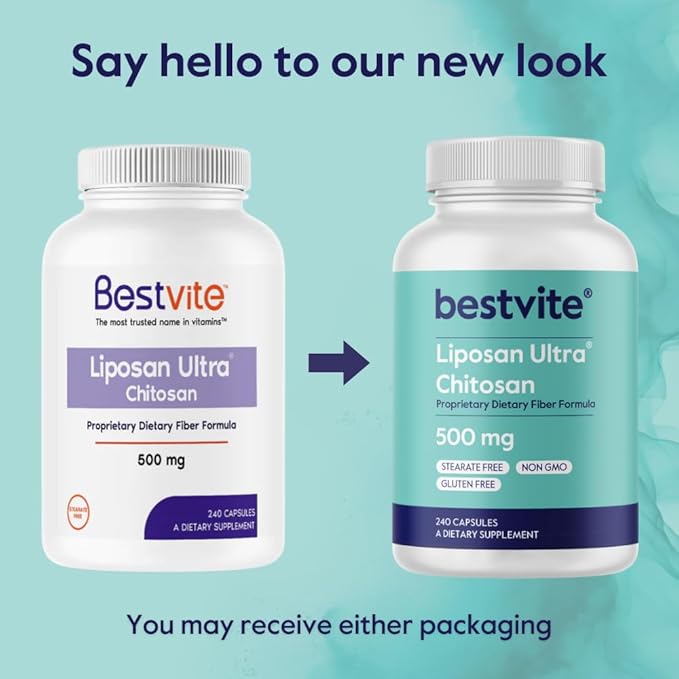 BESTVITE Liposan Ultra Chitosan 500mg (240 Capsules) - Patented Faster Acting Than Regular Chitosan - No Stearates - No Fillers