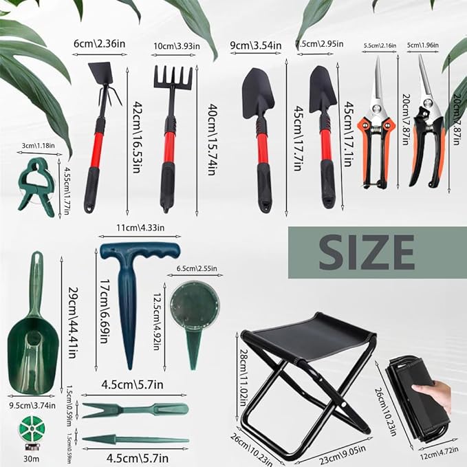 Garden Tool Set with Tote Bag 54 Pieces Includes Hand Tools Pruning Shears Gloves Plant Labels Folding Stool (Red)