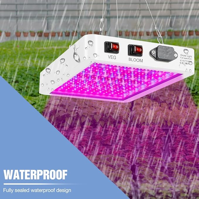 LED Full Spectrum Plant Growing Lamp IP65 Waterproof Grow Fill Light 110V Indoor Vegs/Bloom 2 Modes Dimming 300W Equivalent Greenhouse Tent UV IR Hydroponic Seeds Sunlight Cultivation Lighting US Plug