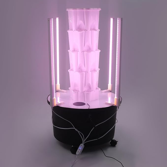4 Tier Hydroponic Growing Tower with Led Grow Lights Water Pump 24 Planting Pots Vertical Garden Indoor Outdoor Automatic Water Circulation System Locking Wheels for Home Patio Balcony