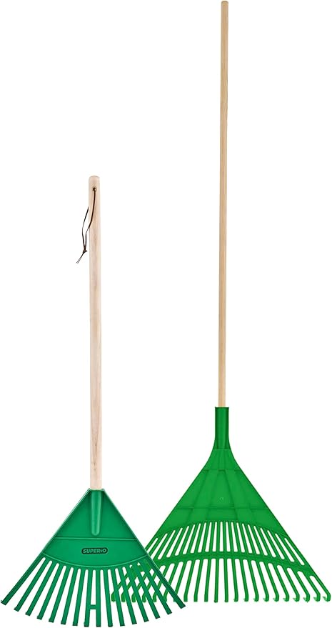 Superio Green Adult and Kids Garden Rakes with Hardwood Handle Durable Plastic Collect Loose Debris and Leaves in Lawn and Among Delicate Plants