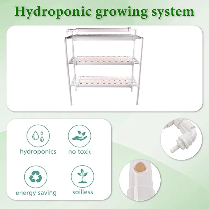 Hydroponic Grow Kit 3 Layer 90 Plant Sites 10 Food-Grade PVC-U Pipes Hydroponics Planting System with Water Pump Pump Timer Nest Basket and Sponge for Leafy Vegetables