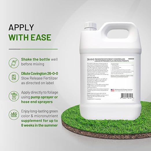 Covington ProLine 26-0-0 NPK Liquid Lawn Slow Release Fertilizer (1 Gal) – High Nitrogen Lawn Food for Summer Growth – Promotes Deep Green Color &amp Resilient Turf – Ideal for Heat-Stressed Lawns