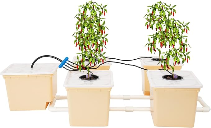 Bucket Drip Growing System 2.91 Gallons 5 Buckets Deep Water Culture System DWC Hydroponics System Outdoor Hydroponics Growing System Kit Hydroponic Bucket for Cultivating Tomatoes Peppers