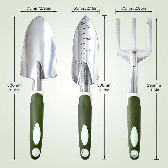3 PCS Heavy Duty Aluminum Gardening Tool Set for Men &amp Women Including Hand Shovel Hand Rake &amp Transplanter Trowel with Soft Rubberized Non-Slip Ergonomic Handle
