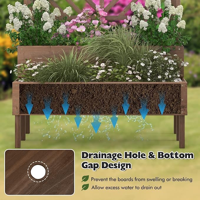 Nightcore Outdoor Elevated Garden Bed with TrellisRaised Garden Bed with Legs &amp Drain Holes2-Tier Wooden Planter Box for Vegetable Fruit Herb