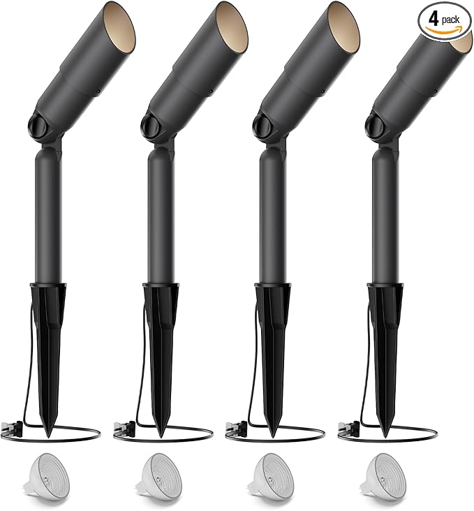 VENUS MANUFACTURING 4Pack Low Voltage Spotlight &amp Floodlight 12V Weatherproof Outdoor Landscape Flood Light Kits 20 Watt Halogen Spotlights 3000K Warm White Garden Trees Spot Light with Spike