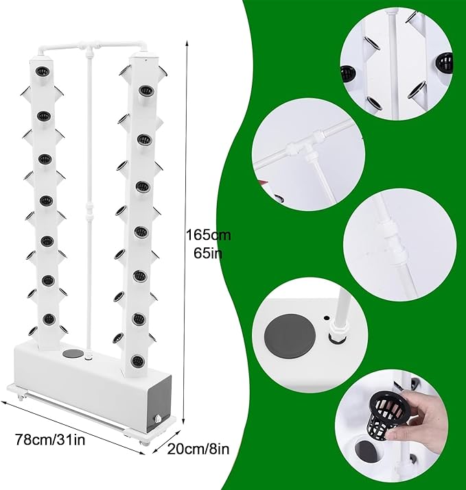 Hydroponics Growing System 56 Plants Indoor Hydroponic Tower Vertical Farming Tower with Pump and Wheels Hydroponic Germination Kit for Gardening Lover White
