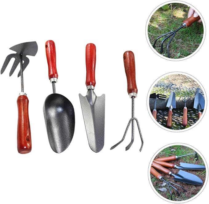 BESTonZON 4pcs Garden Tool Set with Small Shovel Hand Rake Dual-use Hoe and Soil Scoop Mini Painted Steel for Flower Planting and Vegetable Gardening