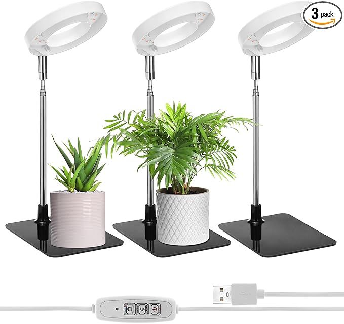 QWORK Grow Lights for Indoor Plants 3 Pack Full Spectrum LED Desk Grow Lamp 7-25 in Adjustable Height Auto Timer 2/4/8H 4 Dimmable Levels USB Powered
