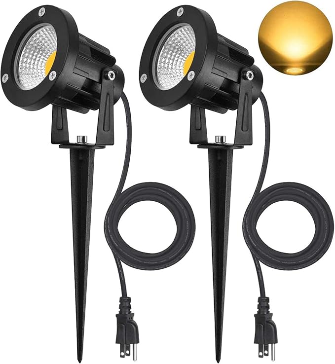 7W COB Landscape Lights Warm White 3000K Waterproof IP65 Spotlight with US Plug and 3M/9.84ft Rubber Wire Outdoor Pathway/Flag Lights with Stake for Garden Yard Lawn Decoration(2 Packs)