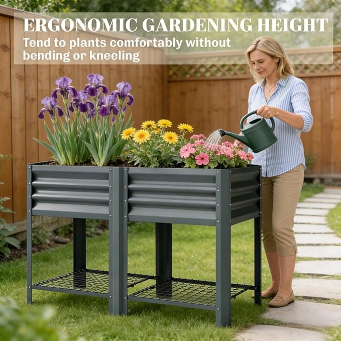 Raised Garden Bed39.6 Gal CapacityPowder-Coated Galvanized Steel Supporting Up to 396 lbsIncludes a Bottom Shelf6 Legsfor Backyard Patio Balcony