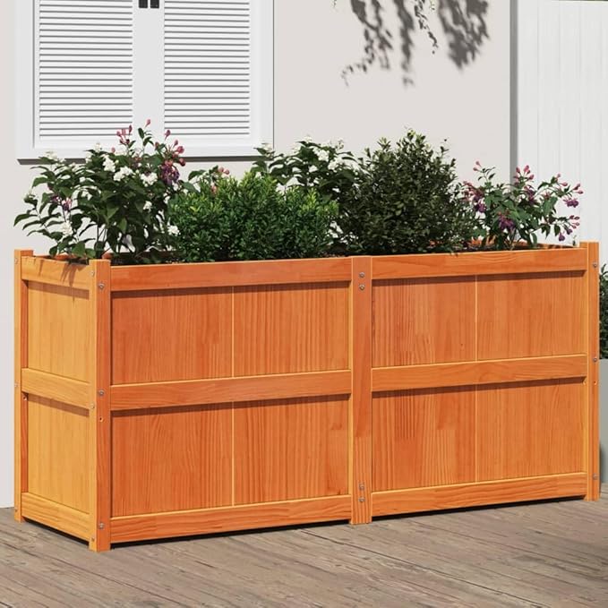 Wax Brown Solid Pine Wood Garden Planter 59.1x19.7x27.6 in Rectangular Raised Garden Bed for Outdoor Plants Balcony &amp Patio Gardening