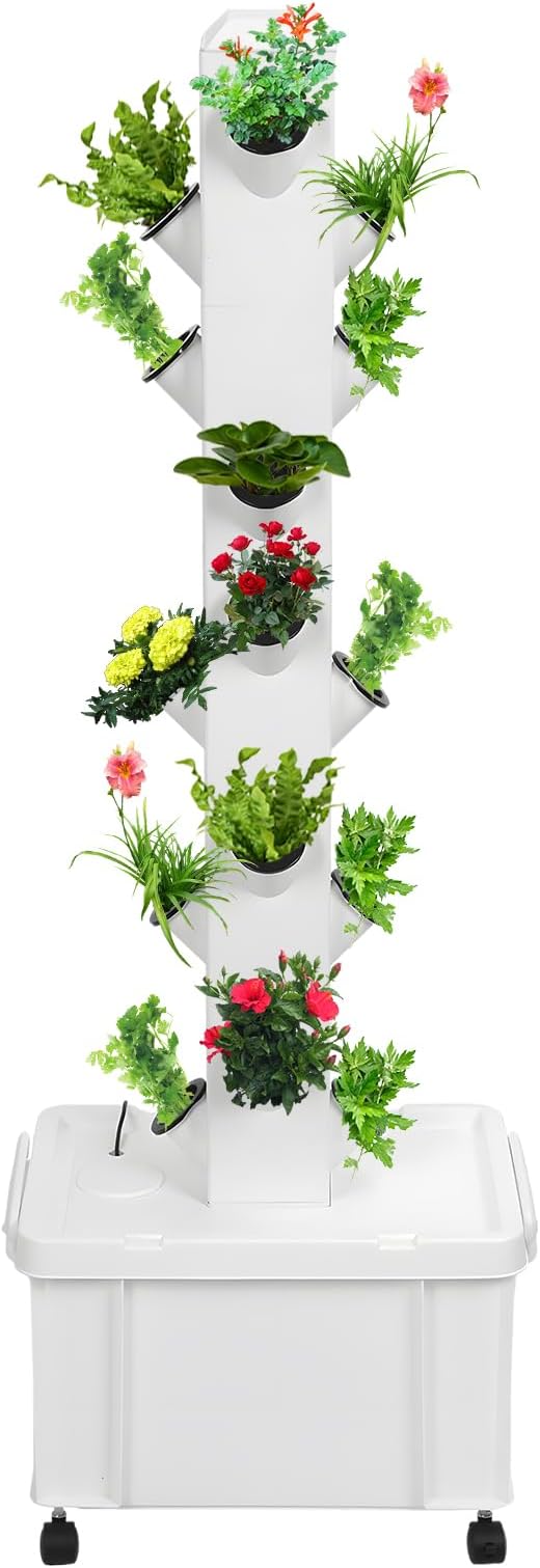 20 Plants Hydroponic Growing System Kit Hydroponic Tower Garden Hydroponic System Vertical Indoor Gardening Systems with 20L Water Tank Automated Watering Wheels for Indoor Outdoor Vegetables Fruits