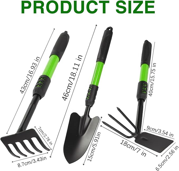 Garden Tool Set 3 Pack Gardening Tools Stainless Steel Heavy Duty Hand Cultivator Hoes Shovel for Planting Weeding Digging Gardening Gifts for Women Green