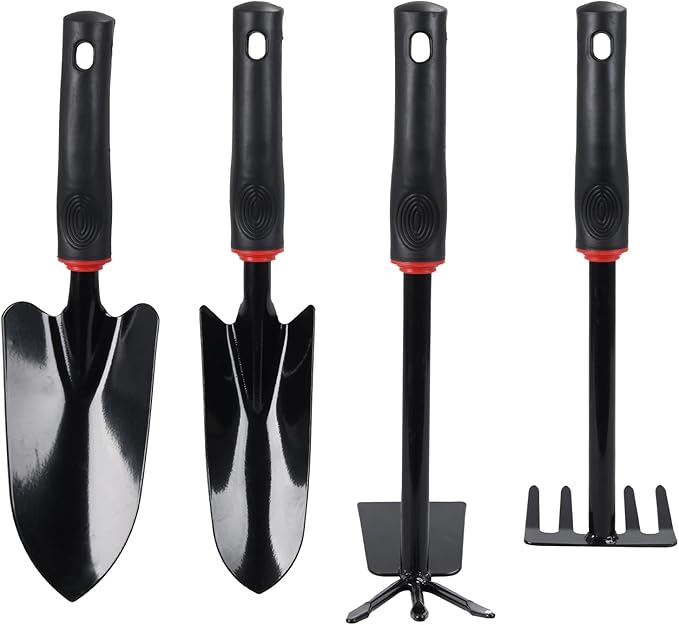 RK_Enterprises 4 Pcs Garden Tools Set (Five Tooth Rake 2 Shovel and Two Headed Hoe) Terrace Balcony Gardening Accessories Kit for Home Garden Essential Farming