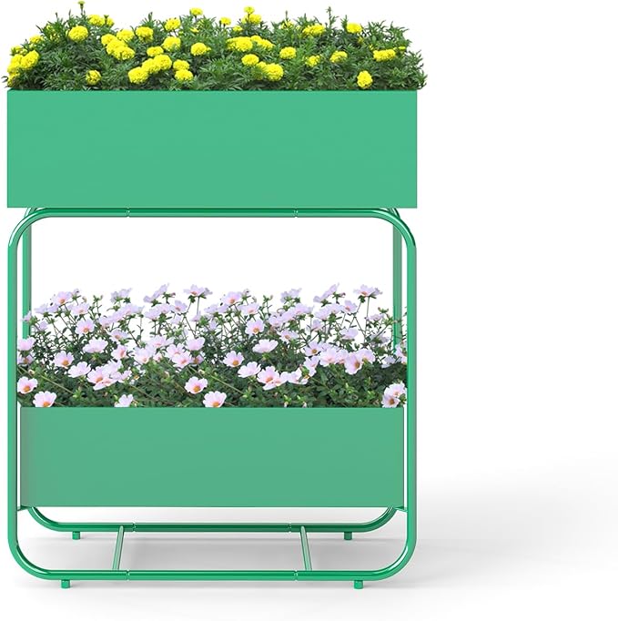 Raised Garden Bed with Legs - 2-Tier Elevated Garden Bed for Balcony Backyard Patio Outdoor &amp Indoor Metal Standing Garden Planter for Vegetables Flower(Green)