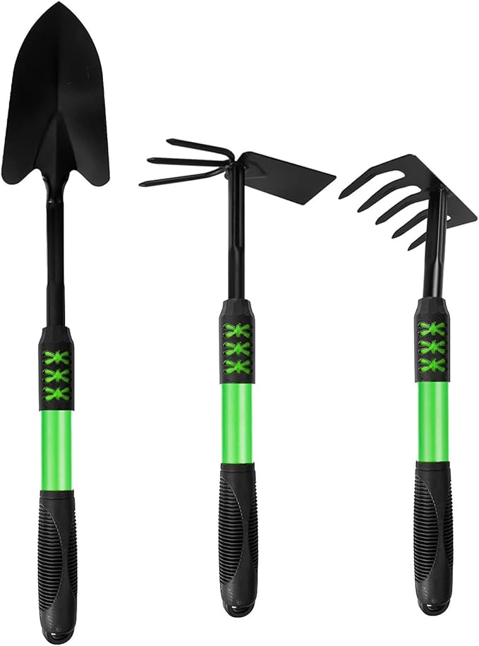 Garden Tool Set 3 Pack Gardening Tools Stainless Steel Heavy Duty Hand Cultivator Hoes Shovel for Planting Weeding Digging Gardening Gifts for Women Green