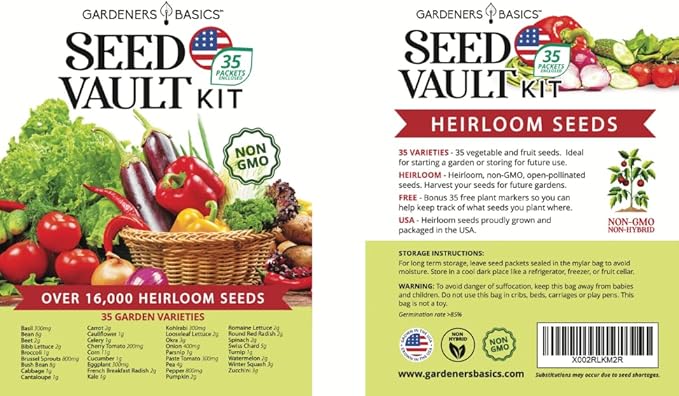 Gardeners Basics Survival Vegetable Seeds Garden Kit Over 16000 Seeds Non-GMO and Heirloom Great for Emergency Bugout Survival Gear 35 Varieties Seeds for Planting Vegetables 35 Free Plant Markers