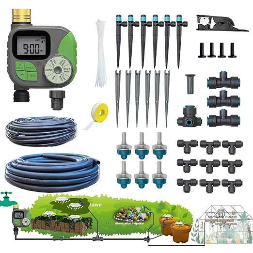 Drip Irrigation System with Water Timer Plug-in Quick Connection Drip Irrigation Kit 5/16“ID and 1/4 Inch Pipe Auto Watering System for Garden Spray for Greenhouse Garden Lawn Potted Plants