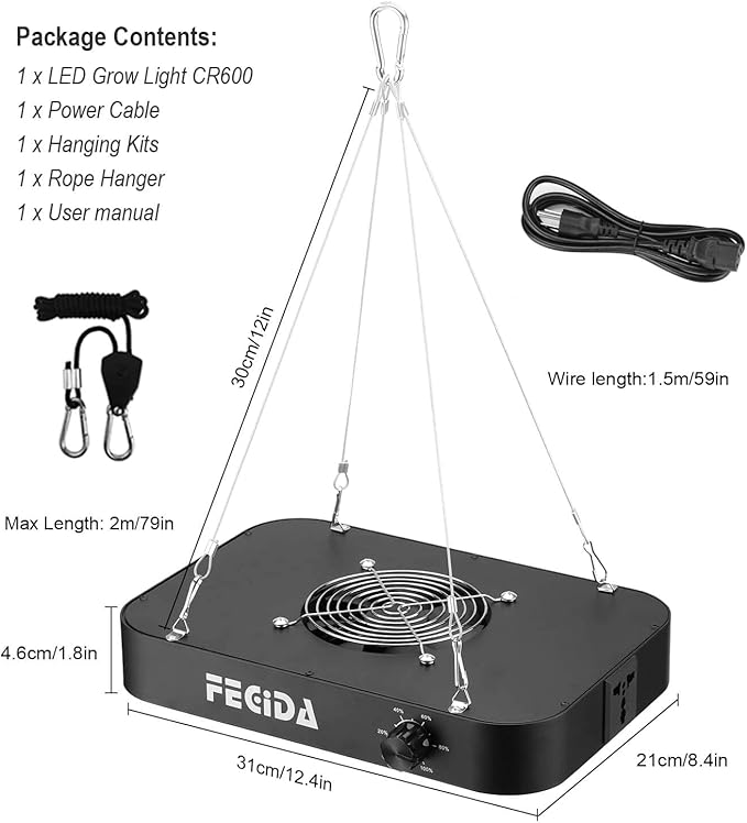 FECiDA 1200W Equivalent LED Grow Light 130 Watt Power Draw Full Spectrum Grow Lights for Seed Starting Seedlings Veg Bloom 0–100% Dimmable Daisy Chain Quiet Cooling Fan