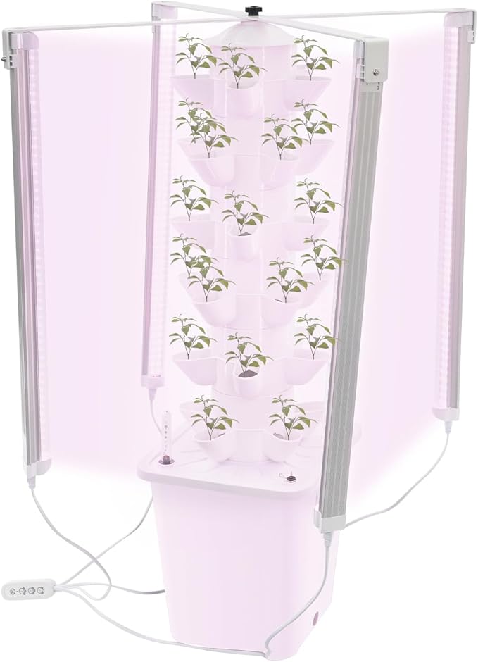 Hydroponic Tower Garden 30-Pod Indoor Gardening System w/ 4 Full-Spectrum LED Grow Lights 10L Auto Irrigation Water Tank Vertical Planter for Herbs Lettuce &amp Strawberries (White)