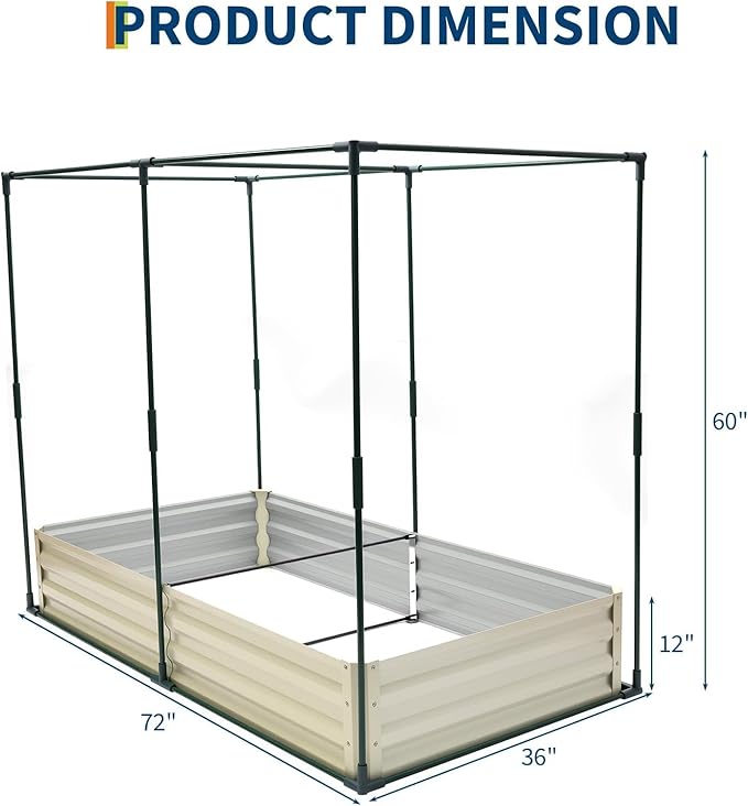 Galvanized Raised Garden Bed Kit 6x3x1 Ft Metal Planter Box with Plant Protection Net &amp Shade Canopy Bottomless Design for Vegetables Flowers Herbs