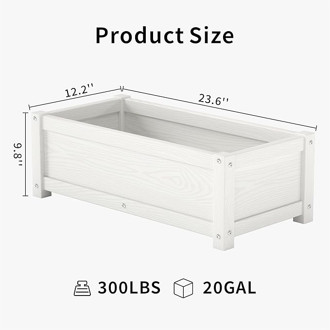 HDPE Planter Box All-Weather Outdoor Garden Bed Easy to Assemble Drainage System Low Maintenance Non-Fading for Flower/Herb/Seed (White)