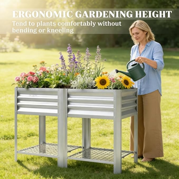 Raised Garden Bed39.6 Gal CapacityPowder-Coated Galvanized Steel Supporting Up to 396 lbsIncludes a Bottom Shelf6 Legsfor Backyard Patio Balcony