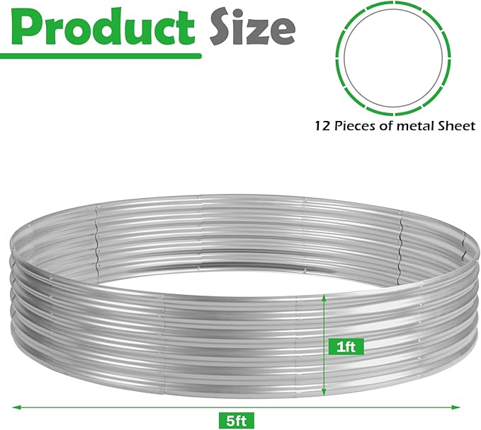 PINPON 5x5x1ft Round Galvanized Raised Garden Bed Outdoor Large Metal Planter Box for Vegetables Sturdy Above Ground Garden Bed for Backyard Patio and Fire Pit Ring