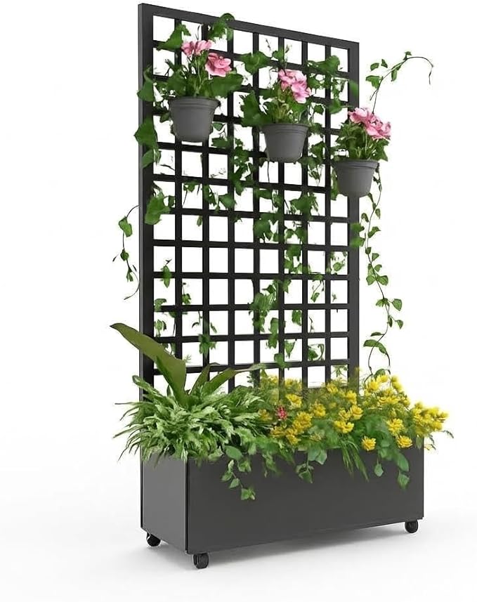 IDEALHOUSE Metal Planter Box with Trellis 72x47x15.7 Galvanized Raised Garden Bed on Wheels with Drainage Holes Outdoor Planter for Climbing Plants Vines &amp Privacy Screen Square Lattice