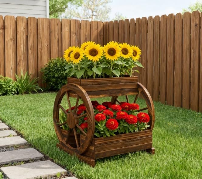 Outdoor PlanterWooden Wagon Planter Box3 Tier Raised Garden Bedfor Vegetables Flowers Herbs