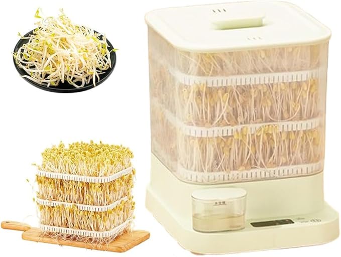 Automatic Bean Sprouts Machine 3 Layer Large Capacity Seed Sprouter Kit with LED Display 360° Automatic Spray 1.5L Water Tank Bean-Sprouts Maker for H