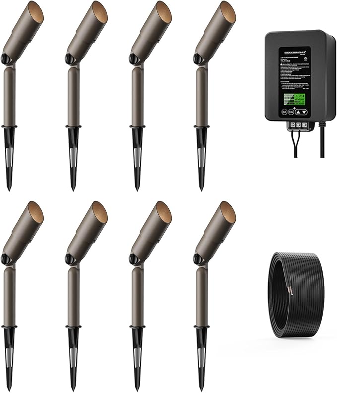 GOODSMANN 8PK Low Voltage Landscape Lighting Kits 3W LED 200 Lumen Spotlight with Low Voltage Transformer 300W 12V-15V AC Output with 100ft 16AWG Cable