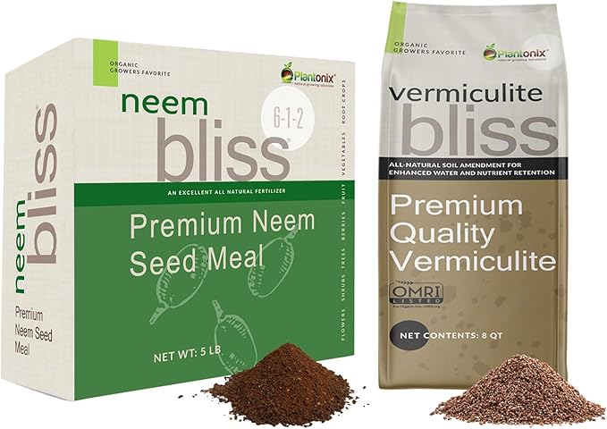 Neem Bliss (5lbs) + Vermiculite Bliss (8 Qts) - Neem Cake for Plants &amp Fine Vermiculite for Gardening - Neem Seed Meal Fertilizer - Neem Fertilizer - Organic Vermiculite Garden Soil &amp Potting