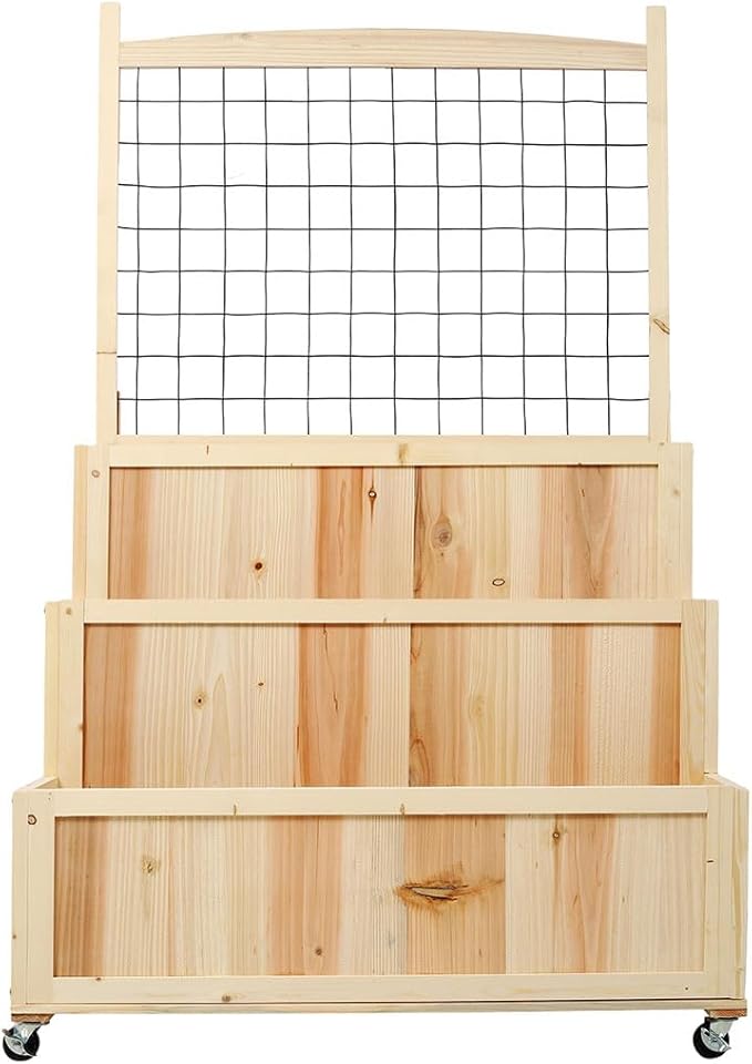 3-Tiers Raised Garden Bed Outdoor Wooden Planter Box with Wheels &amp Back Storage Area Elevated Wooden Planter Box for Flowers Vegetables Herbs Natural