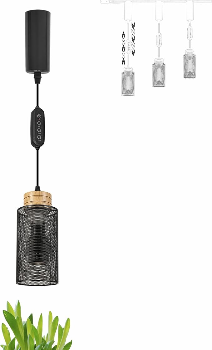 Adjustable Height Juno Track Light Pendants Full Spectrum AUTO 10W Plant Growing Lamp Black Industrial Grid Hollowing Designed Shade Wooden Socket Timer for Indoor Planting Kitchen