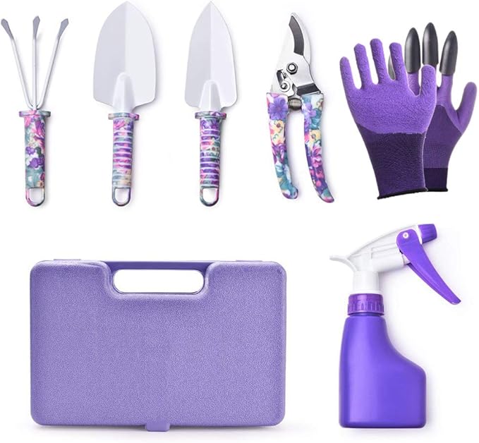 6 Pieces Garden Tools Set Planting Tools Non-Slip Handle with Anti-Rust Trowel Cultivator Pruning Shear Water Sprayer and Carrying Case Gloves with Claws