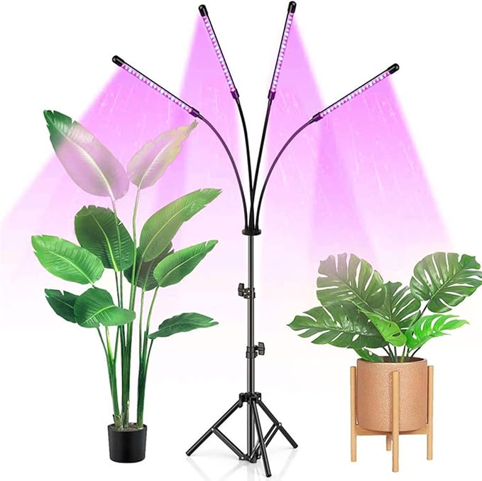 Grow Lights for Indoor Plants Full Spectrum Four Head Clip-on Plant Lamp with Full Spectrum &amp Red Blue Spectrum 3/9/12H Timer 1.2m Stand Suitable for Indoor Plants Growth