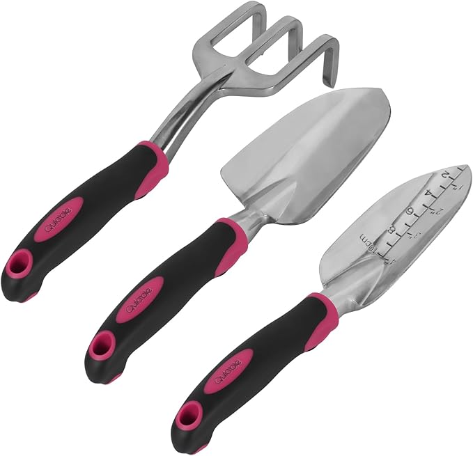 Qulable Tools Gardening Hand Tools 3 Piece Set - Heavy Duty Garden Trowel Transplanter Hand Rake - Comfort Grip Handle - Rust-Proof Design Cultivator Garden Hand Shovel