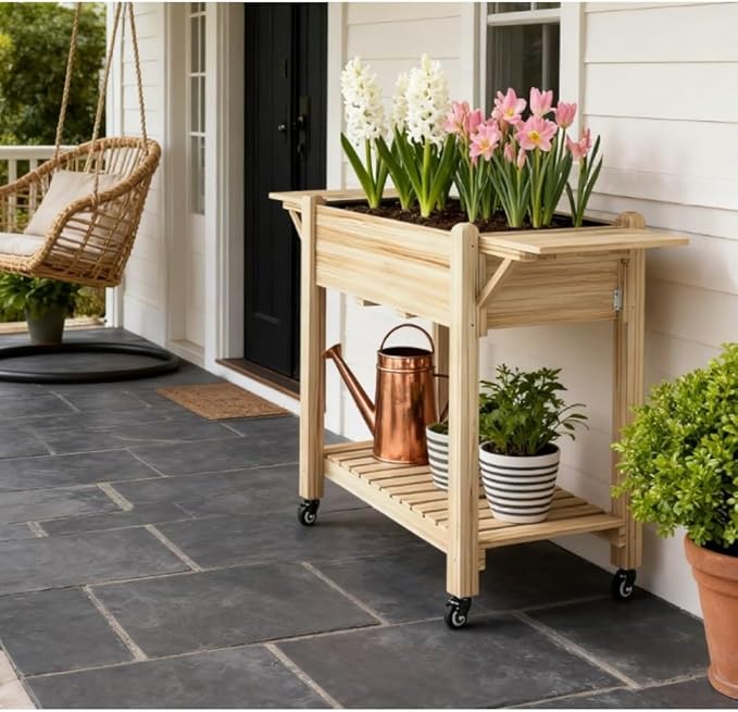 Sturdy Wooden Raised Garden Bed with Lockable Casters Built-in Side Shelves and Drainage System for Easy Urban Gardening (Natural Wood + Wood)