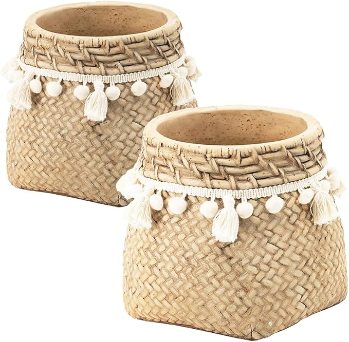 Set of 2 6.5x6.5x6 Brown Cement Planter with Woven Tassel Accent