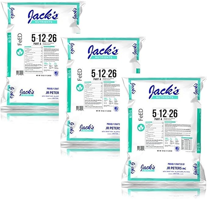 Jack's Nutrients 5-12-26 Part A Water-Soluble Fertilizer for Growth of Leaves and Strong Roots in Plants Grown in Continuous Liquid Feed Programs 25lbs 3 Pack