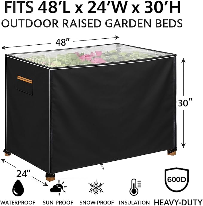 Outdoor Raised Garden Bed Winter Cover 48 L x 24 W x 30 H Heavy-Duty 600D Oxford Fabric Waterproof Insulated with Transparent PVC Top for All-Weather Elevated Wood Planter Box