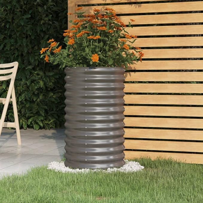 Cylindrical Metal Garden Planter 15.7x15.7x26.8 in Grey Powder-Coated Steel Raised Planter Box for Outdoor Patio Balcony Flower Bed Vegetables