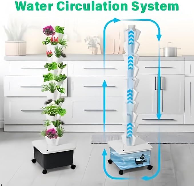 Vertical Hydroponics Growing SystemAeroponic Grow Tower for Herbs Fruits and Vegetables 14 Layer 70 Plants Sites with Movable Water Tank Hydrating Pump Timer Adapter